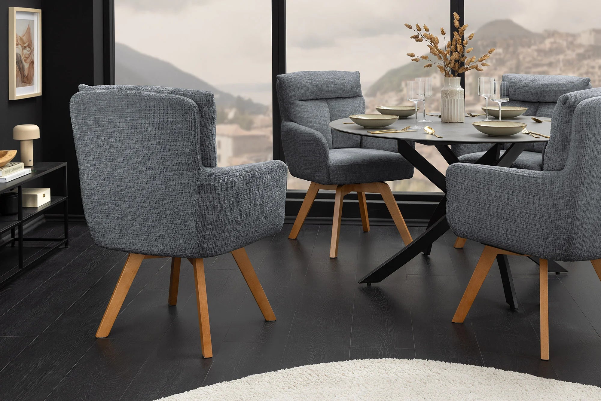 Krzesło obrotowe szenilowe z bukowymi nogami, sprężyny Bonell, obrót 360 stopni