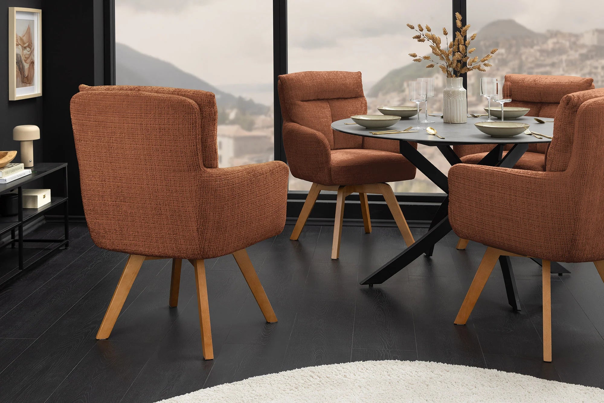 Krzesło obrotowe szenilowe z bukowymi nogami, sprężyny Bonell, obrót 360 stopni