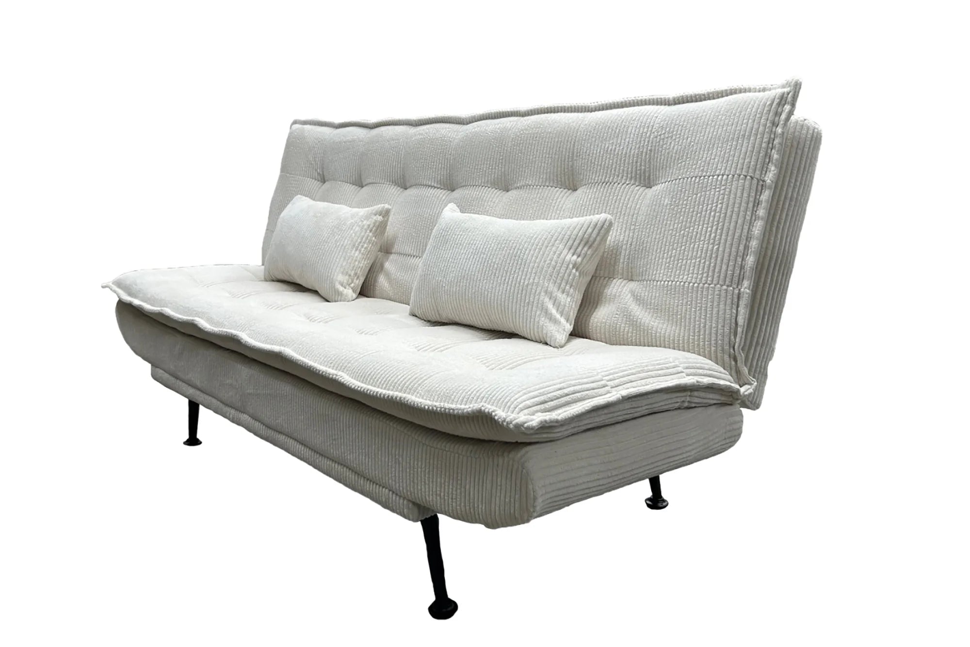 Sofa rozkładana w sztruksie z poduszkami, system klik-klak, metalowe nóżki, stelaż sosnowy, funkcja spania