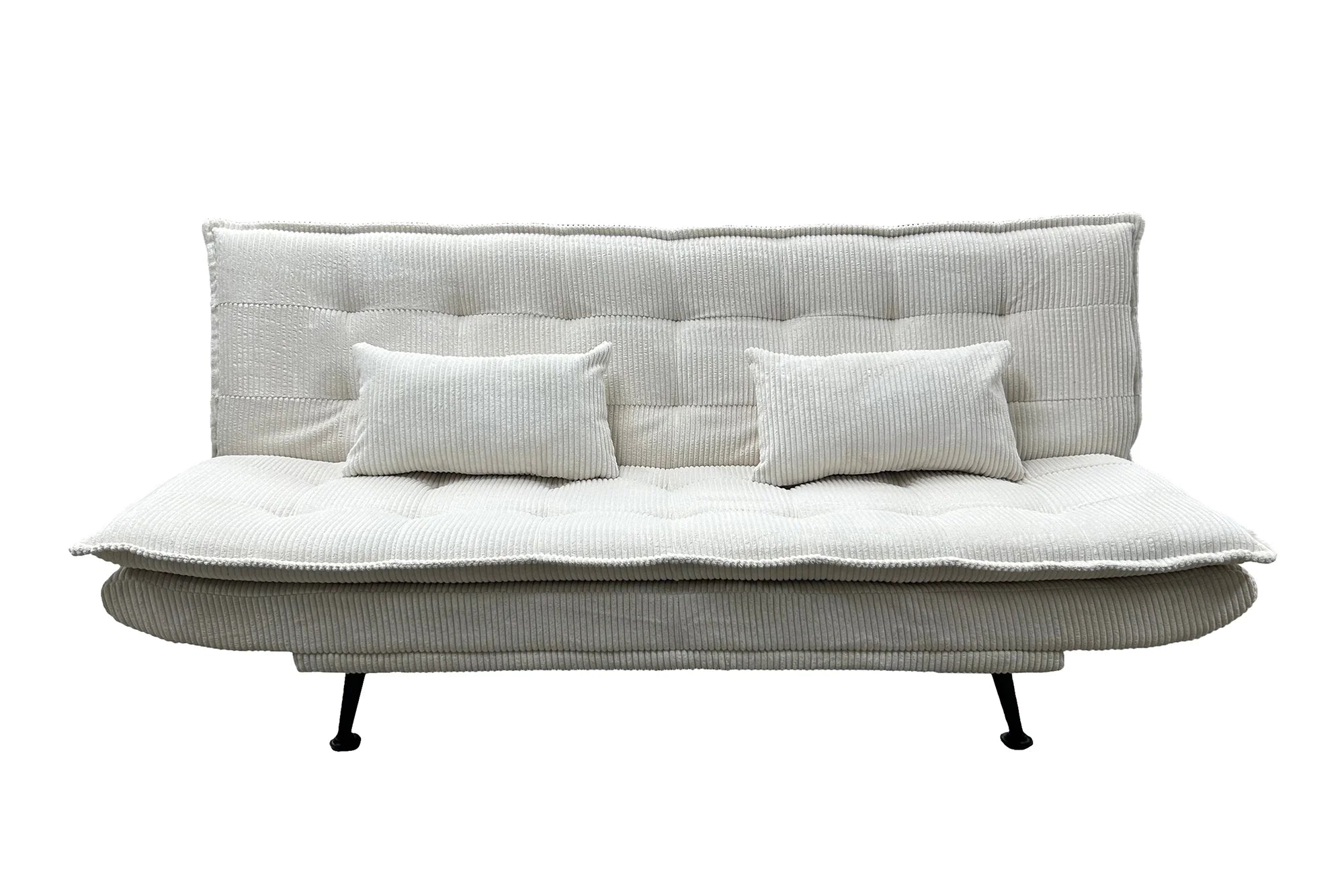 Sofa rozkładana w sztruksie z poduszkami, system klik-klak, metalowe nóżki, stelaż sosnowy, funkcja spania