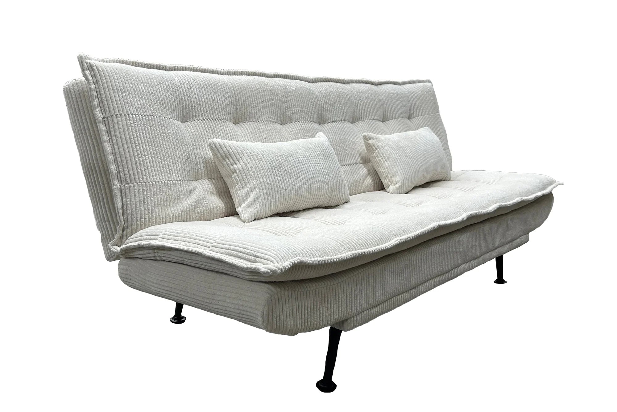 Sofa rozkładana w sztruksie z poduszkami, system klik-klak, metalowe nóżki, stelaż sosnowy, funkcja spania