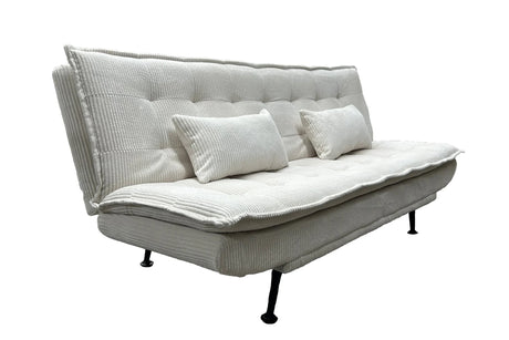 Sofa rozkładana w sztruksie z poduszkami, system klik-klak, metalowe nóżki, stelaż sosnowy, funkcja spania