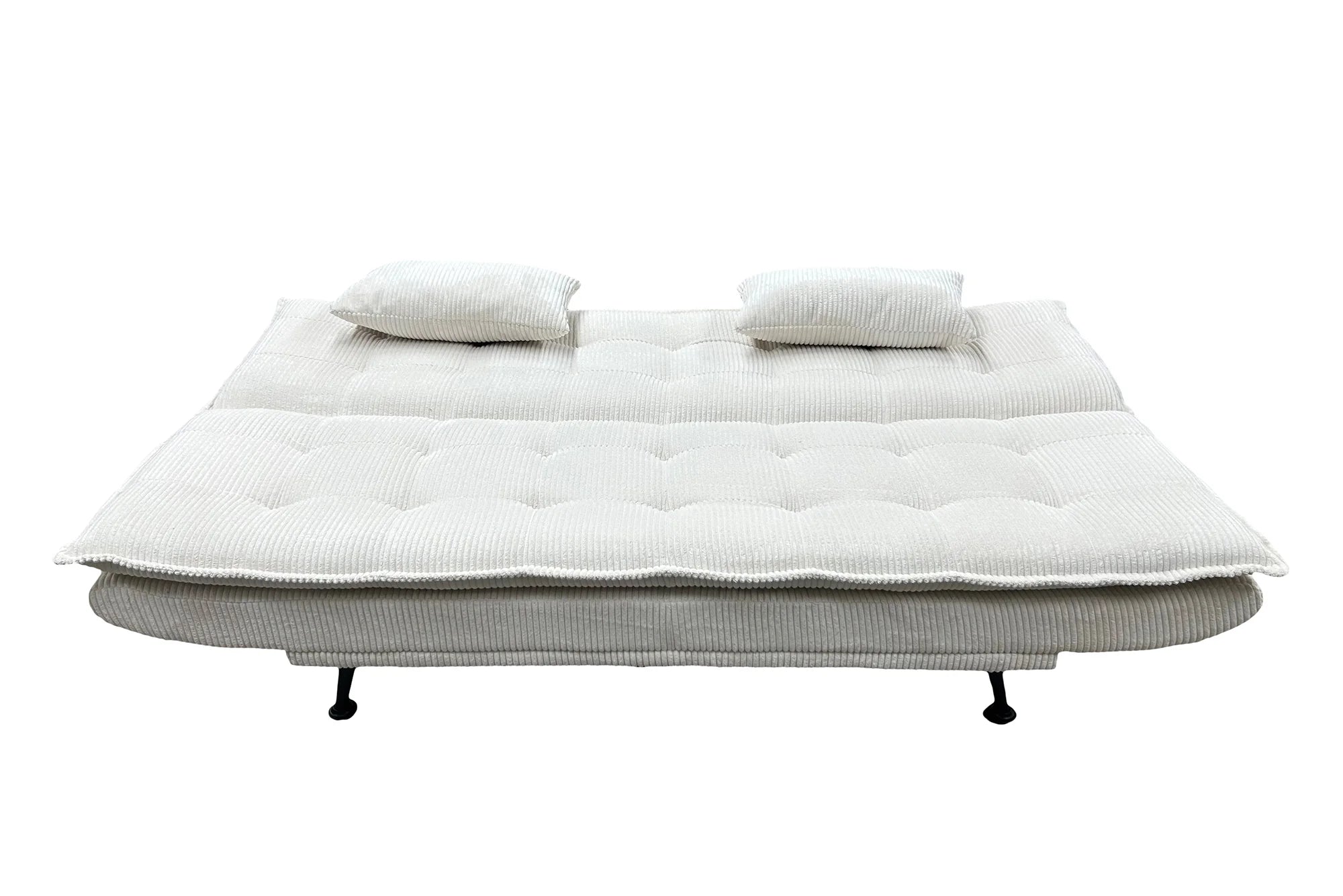 Sofa rozkładana w sztruksie z poduszkami, system klik-klak, metalowe nóżki, stelaż sosnowy, funkcja spania