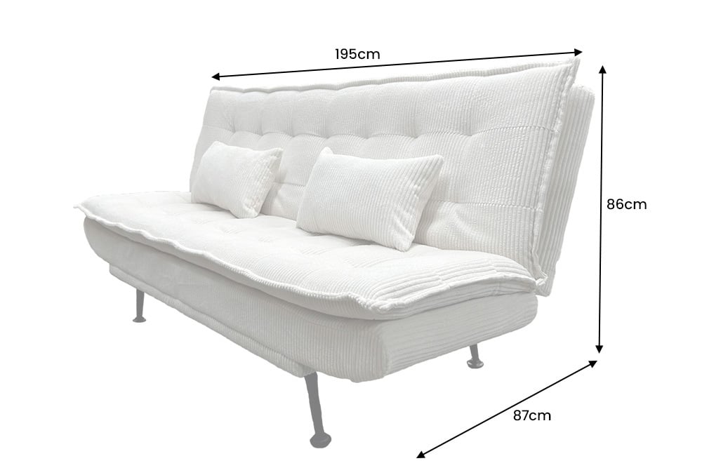 Sofa rozkładana w sztruksie z poduszkami, system klik-klak, metalowe nóżki, stelaż sosnowy, funkcja spania