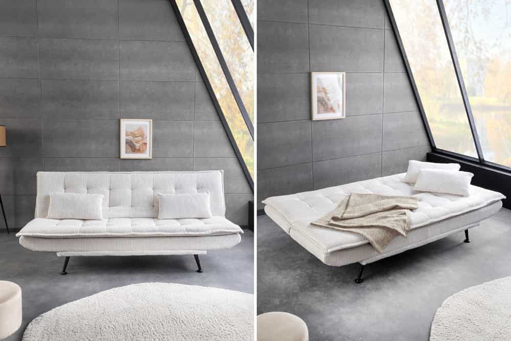 Sofa rozkładana w sztruksie z poduszkami, system klik-klak, metalowe nóżki, stelaż sosnowy, funkcja spania