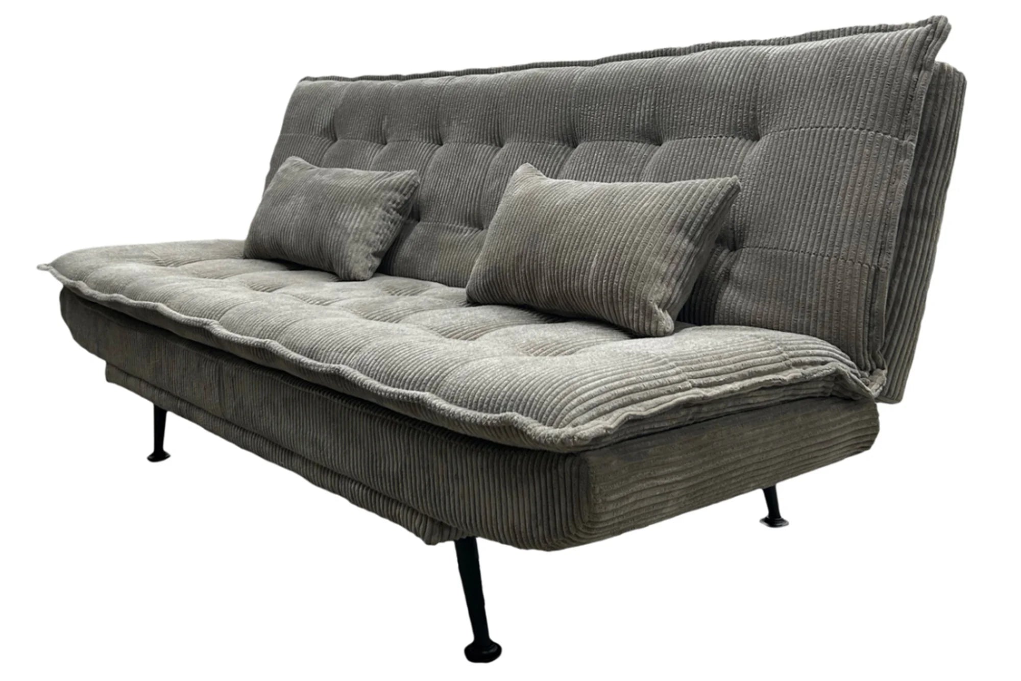 Sofa rozkładana w sztruksie z poduszkami, system klik-klak, metalowe nóżki, stelaż sosnowy, funkcja spania