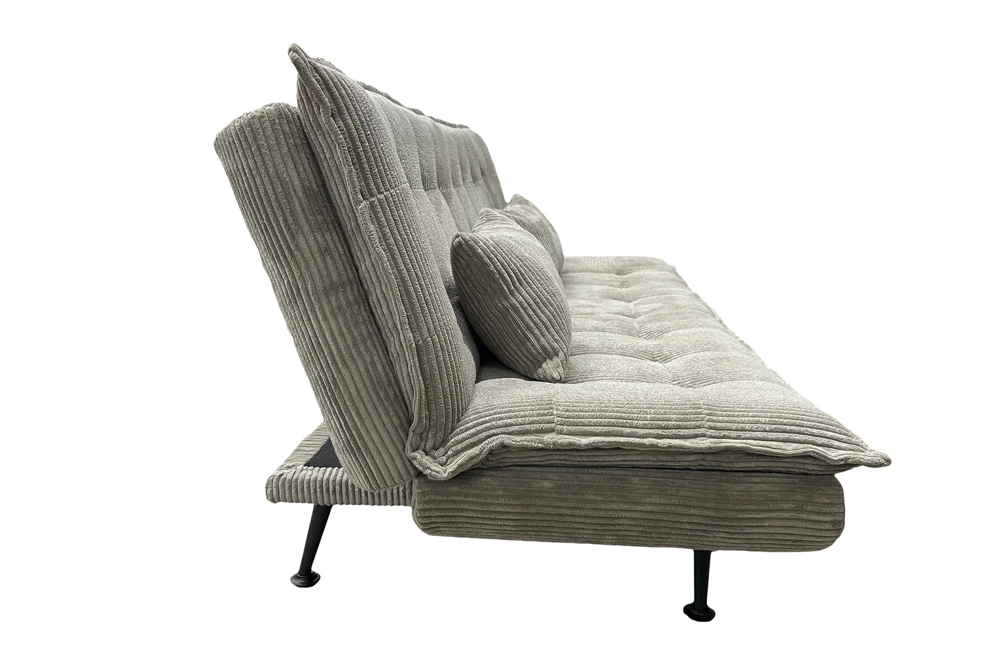 Sofa rozkładana w sztruksie z poduszkami, system klik-klak, metalowe nóżki, stelaż sosnowy, funkcja spania