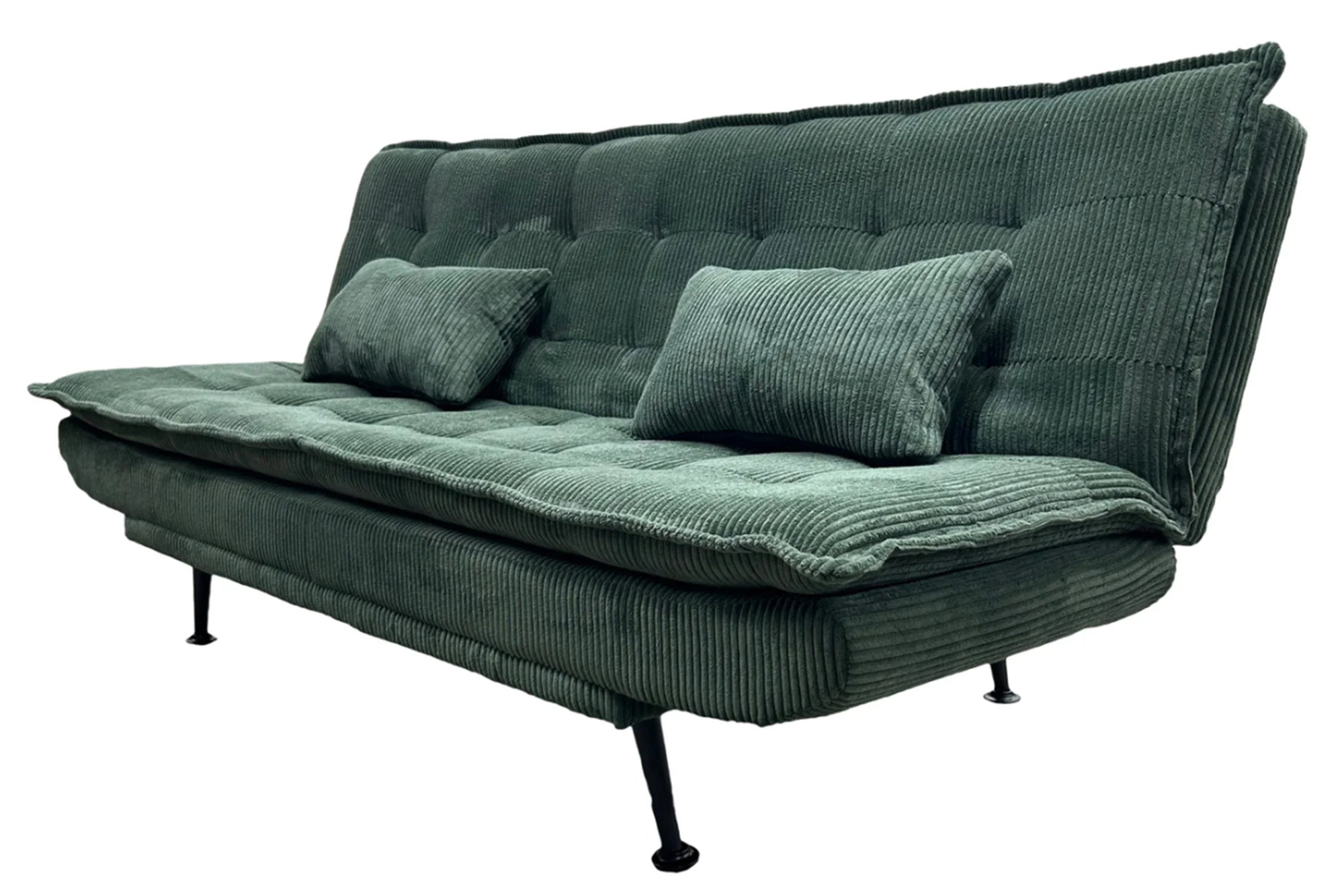 Sofa rozkładana w sztruksie z poduszkami, system klik-klak, metalowe nóżki, stelaż sosnowy, funkcja spania