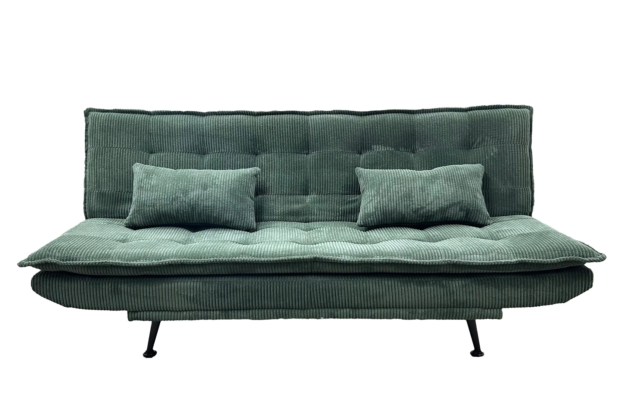 Sofa rozkładana w sztruksie z poduszkami, system klik-klak, metalowe nóżki, stelaż sosnowy, funkcja spania