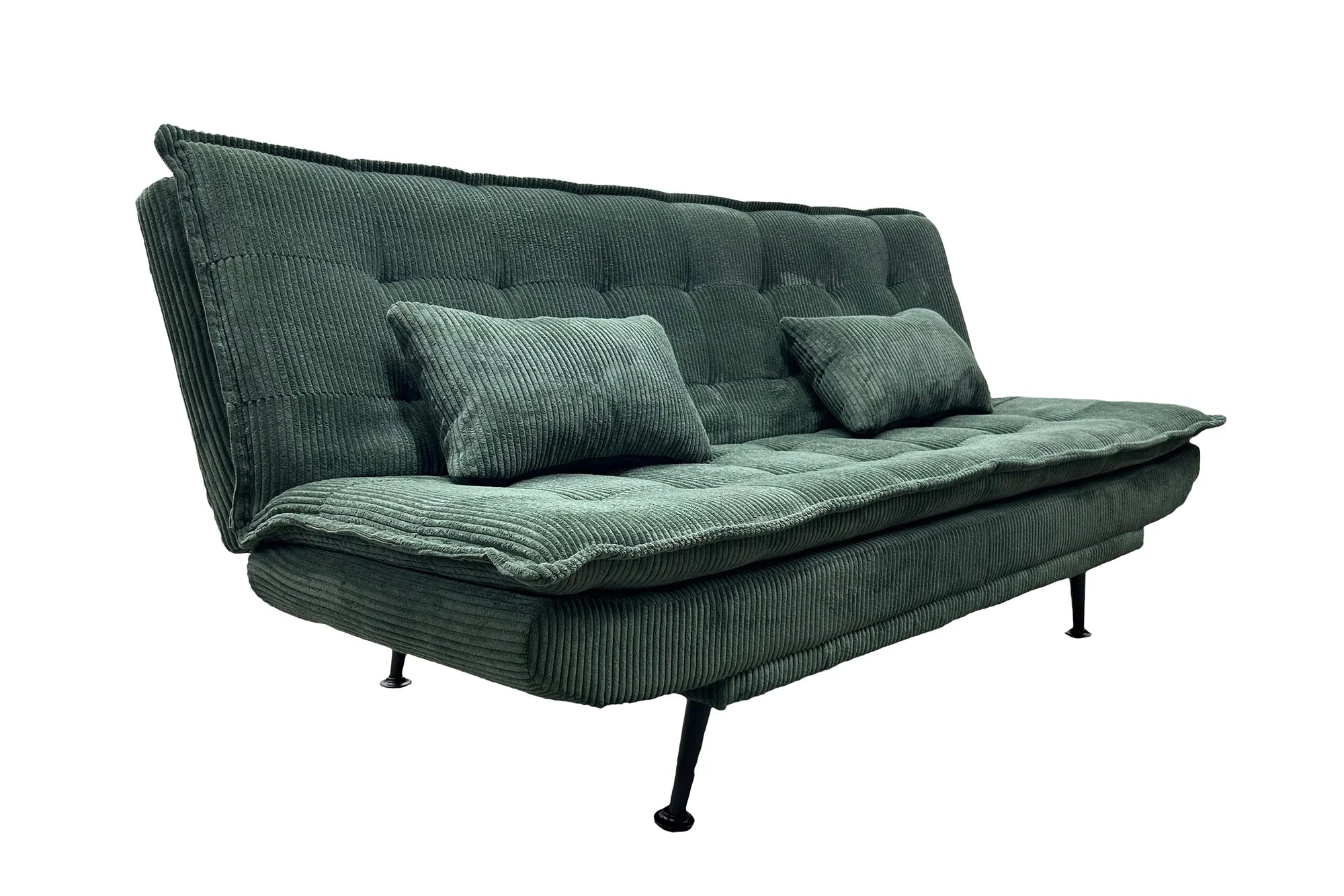 Sofa rozkładana w sztruksie z poduszkami, system klik-klak, metalowe nóżki, stelaż sosnowy, funkcja spania