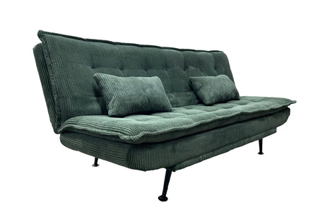 Sofa rozkładana w sztruksie z poduszkami, system klik-klak, metalowe nóżki, stelaż sosnowy, funkcja spania