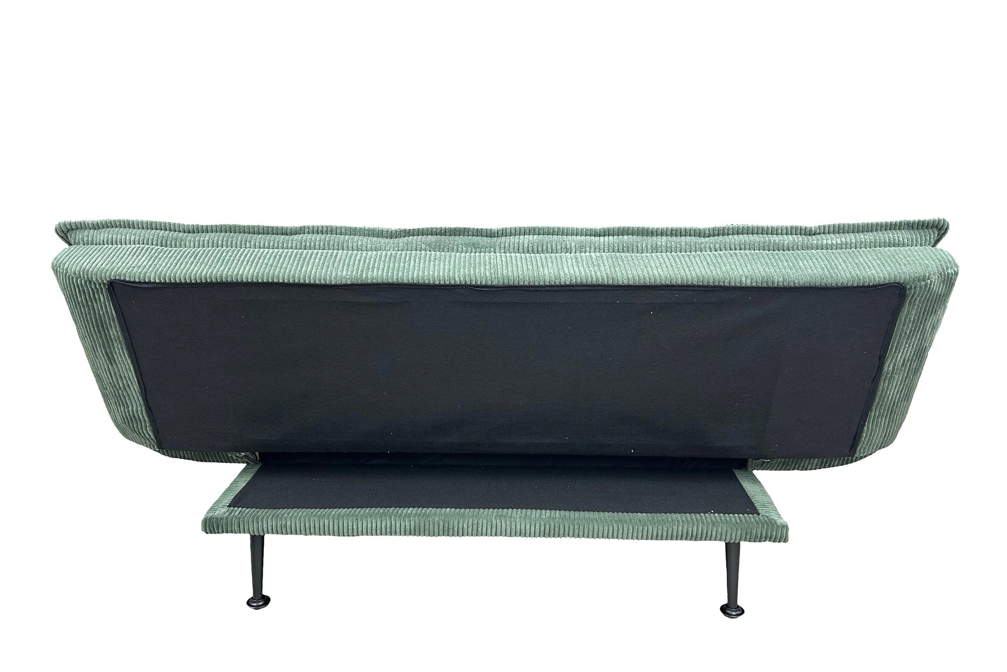 Sofa rozkładana w sztruksie z poduszkami, system klik-klak, metalowe nóżki, stelaż sosnowy, funkcja spania