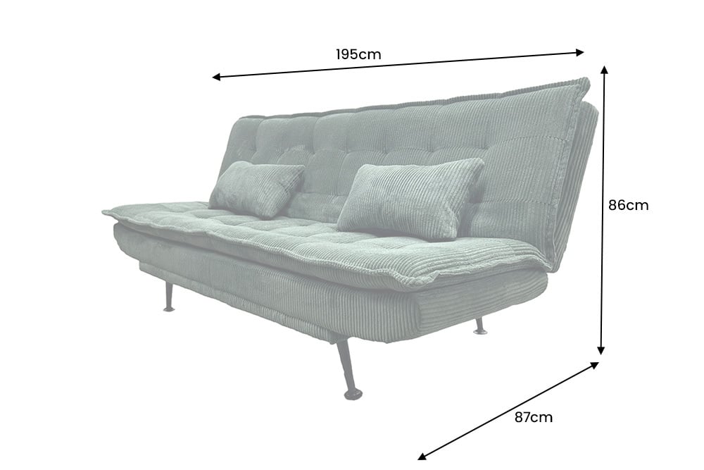 Sofa rozkładana w sztruksie z poduszkami, system klik-klak, metalowe nóżki, stelaż sosnowy, funkcja spania