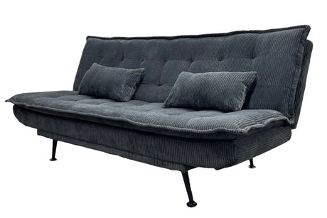 Sofa rozkładana w sztruksie z poduszkami, system klik-klak, metalowe nóżki, stelaż sosnowy, funkcja spania