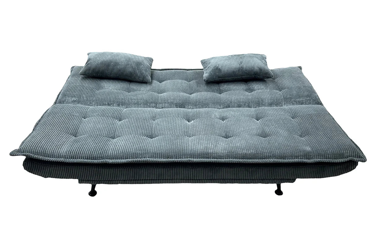 Sofa rozkładana w sztruksie z poduszkami, system klik-klak, metalowe nóżki, stelaż sosnowy, funkcja spania