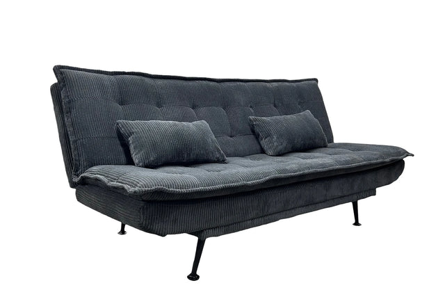 Sofa rozkładana w sztruksie z poduszkami, system klik-klak, metalowe nóżki, stelaż sosnowy, funkcja spania