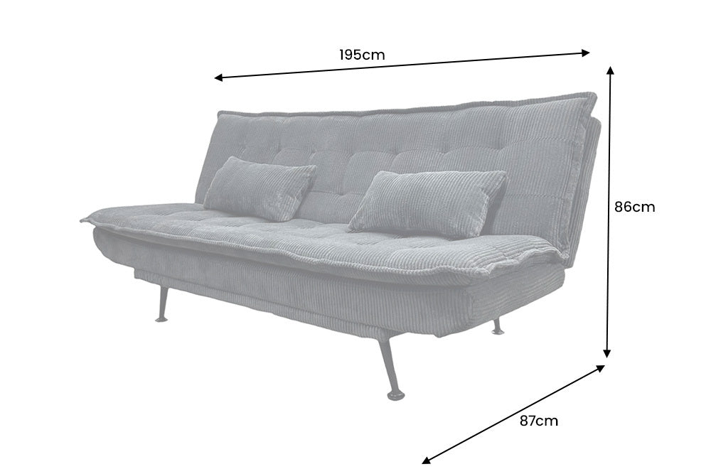 Sofa rozkładana w sztruksie z poduszkami, system klik-klak, metalowe nóżki, stelaż sosnowy, funkcja spania
