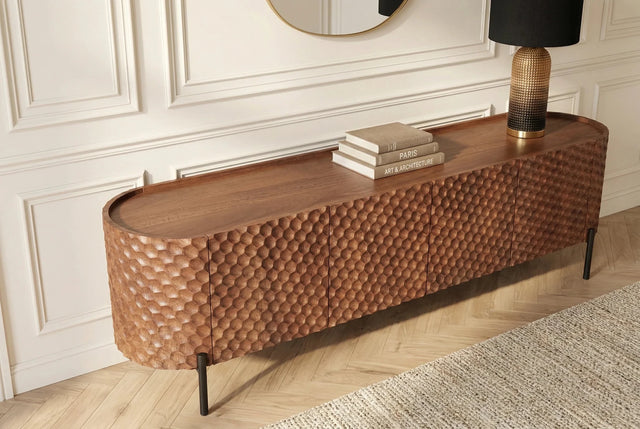 Szafka RTV Adlon 200 cm z drewna mango z efektownym frontem 3D do nowoczesnego salonu