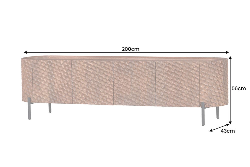 Szafka RTV Adlon 200 cm z drewna mango z efektownym frontem 3D do nowoczesnego salonu