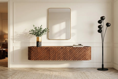 Szafka RTV 160 cm z lakierowanego drewna mango z frontem 3D o strukturze plastra miodu 