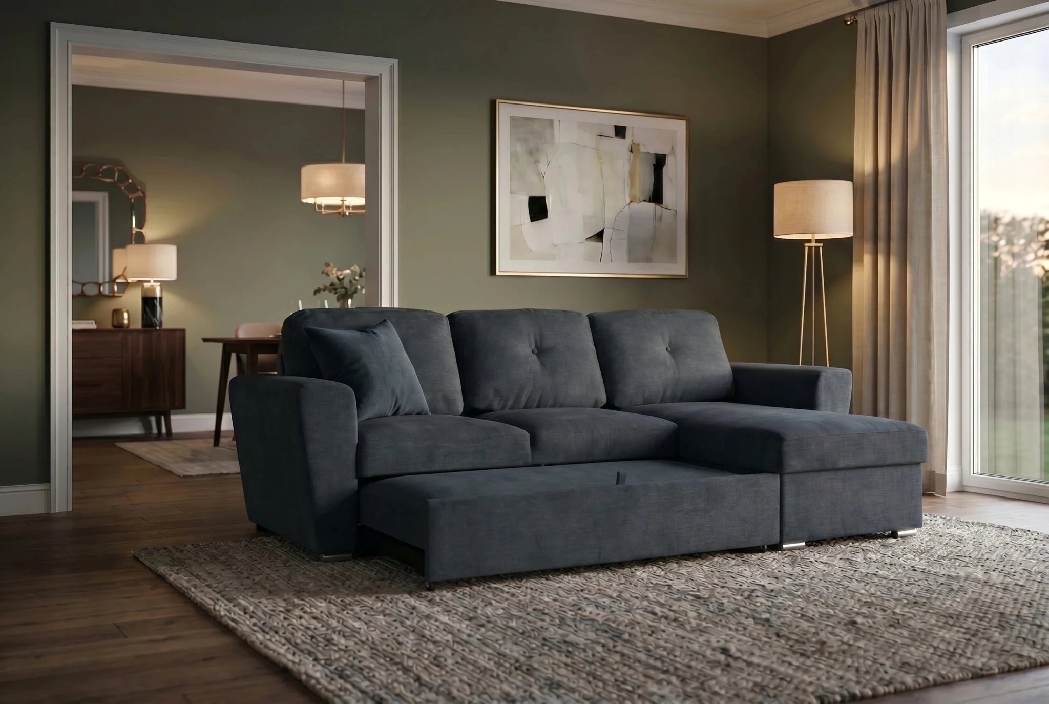Sofa narożna 245 cm z funkcją spania, pojemnikiem i wysuwanym podnóżkiem