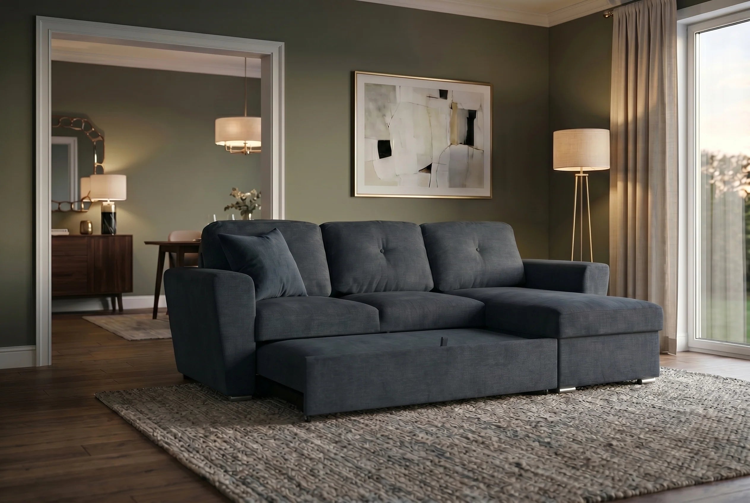 Sofa narożna 245 cm z funkcją spania, pojemnikiem i wysuwanym podnóżkiem