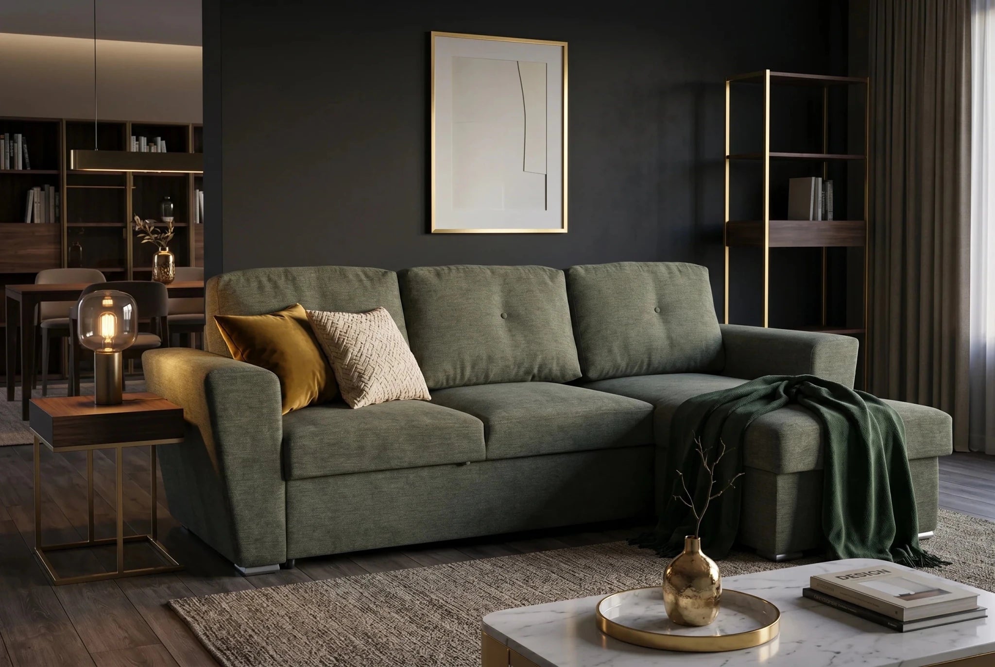 Nowoczesna sofa 245 cm rozkładana do salonu ciemna zieleń, tkanina strukturalna