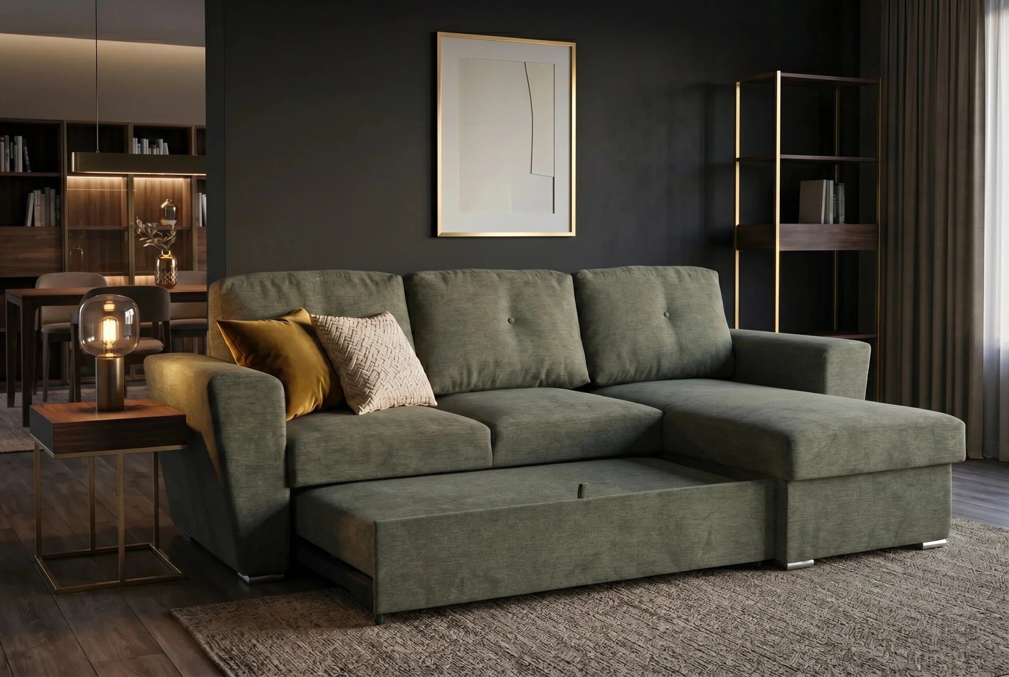 Nowoczesna sofa 245 cm rozkładana do salonu ciemna zieleń, tkanina strukturalna