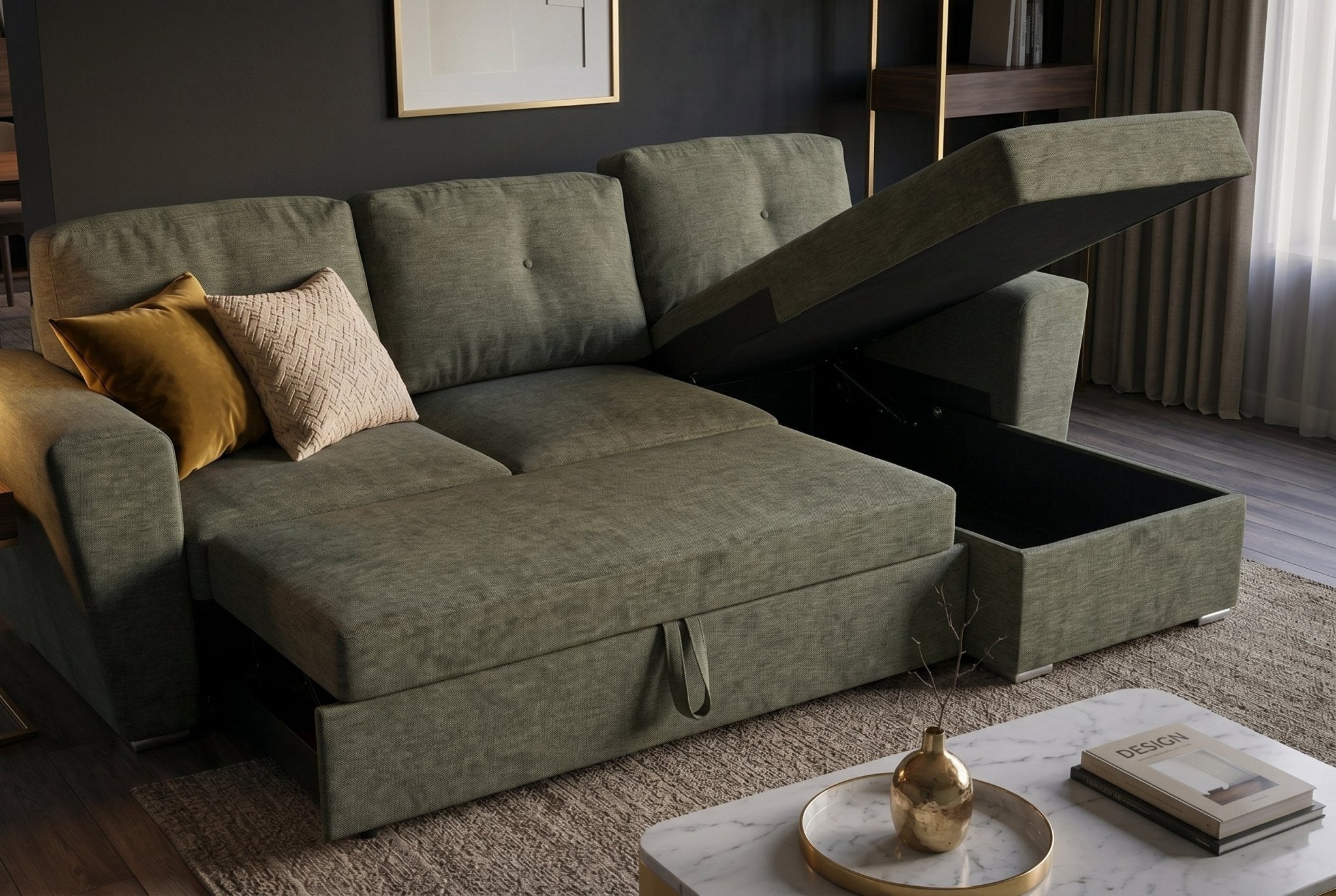 Nowoczesna sofa 245 cm rozkładana do salonu ciemna zieleń, tkanina strukturalna