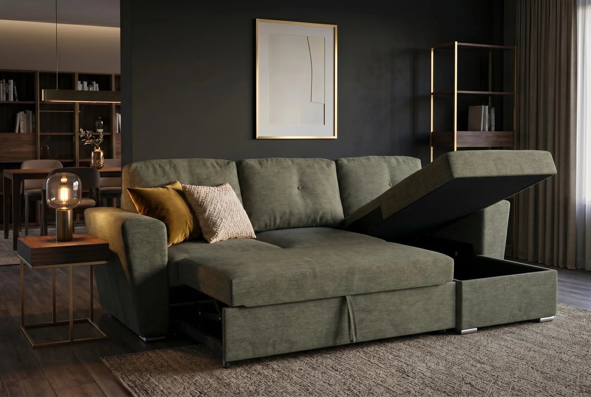 Nowoczesna sofa 245 cm rozkładana do salonu ciemna zieleń, tkanina strukturalna