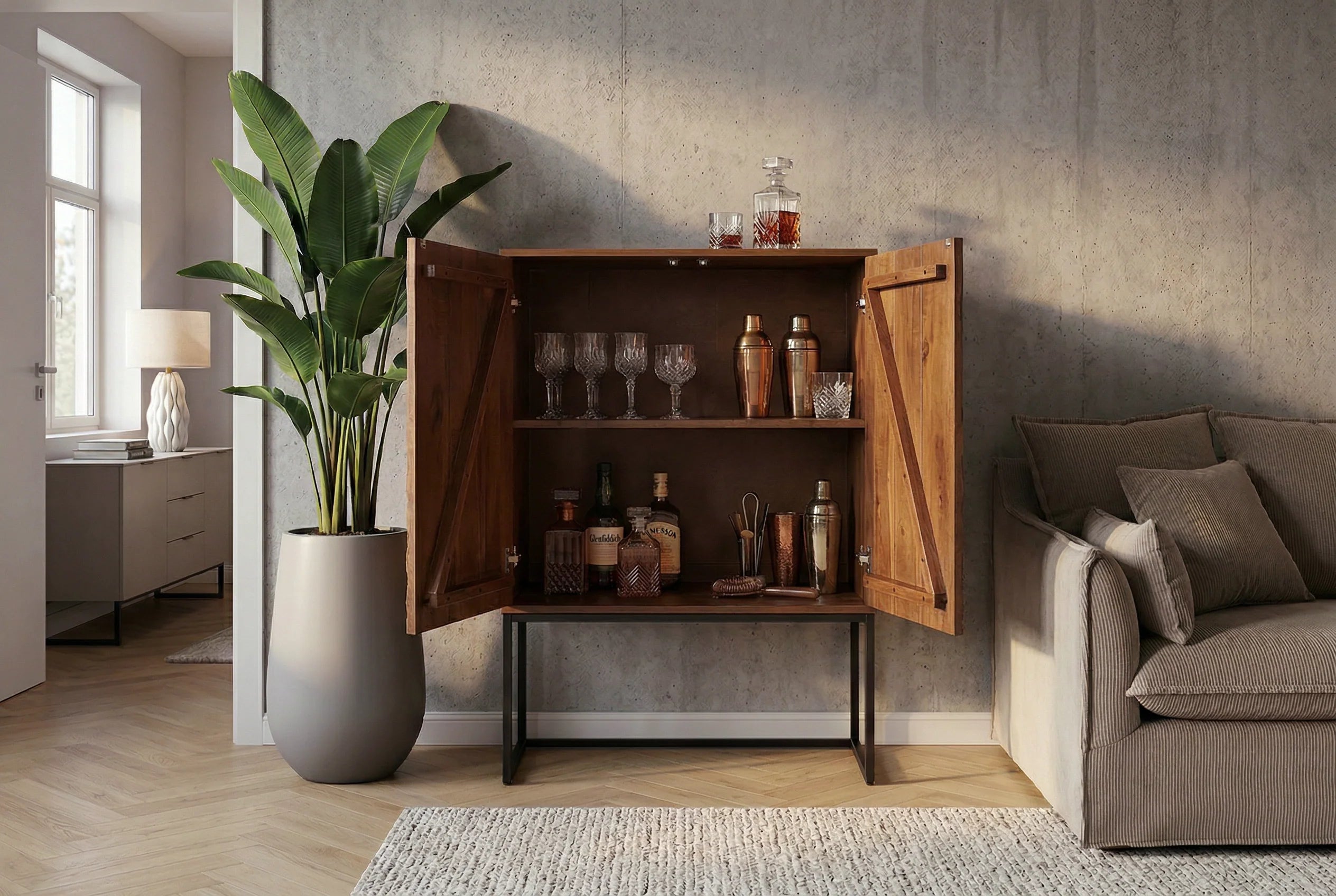 Komoda z drewna mango z frontem 3D, brązowym korpusem i czarną metalową ramą do salonu