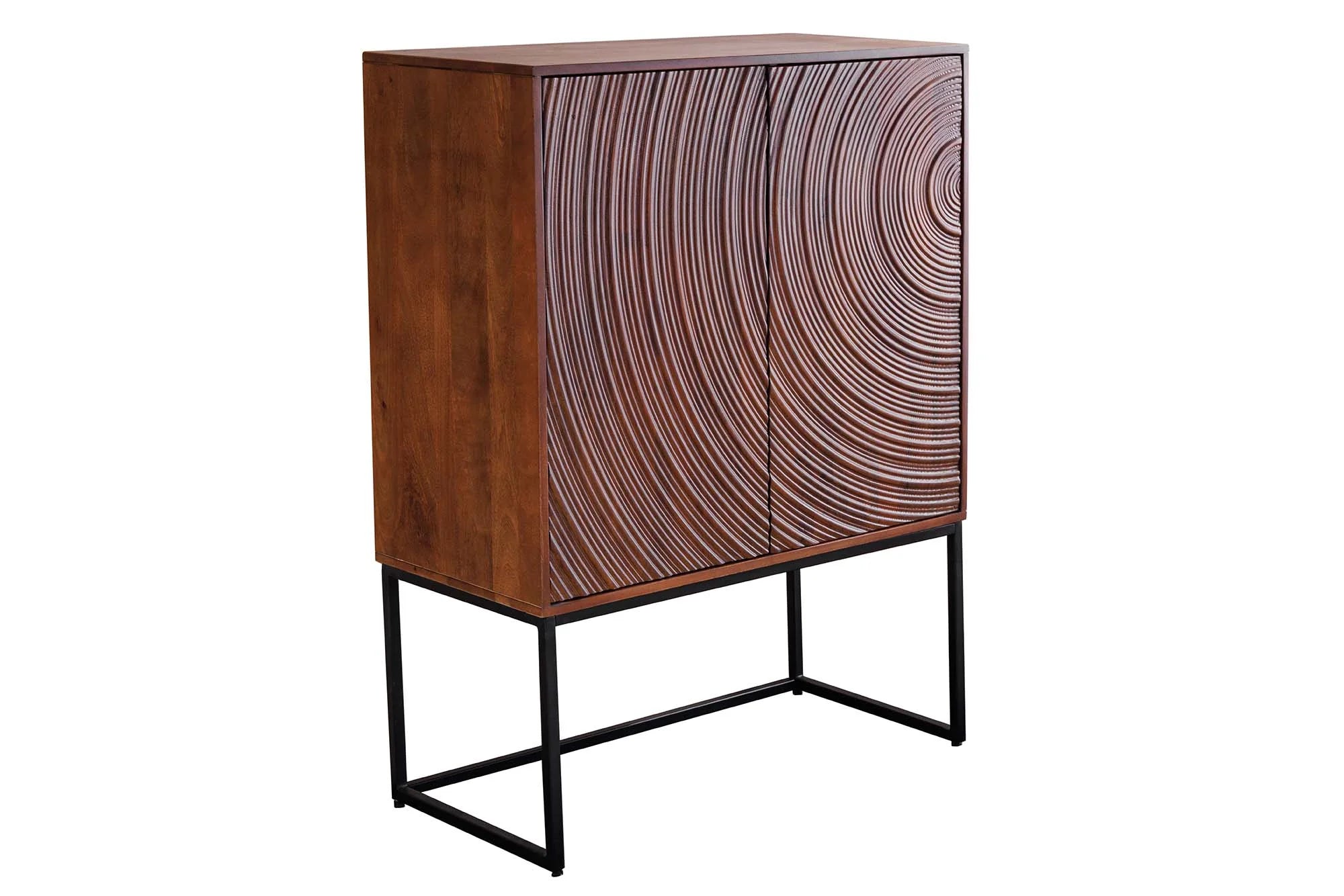 Komoda z drewna mango z frontem 3D, brązowym korpusem i czarną metalową ramą do salonu