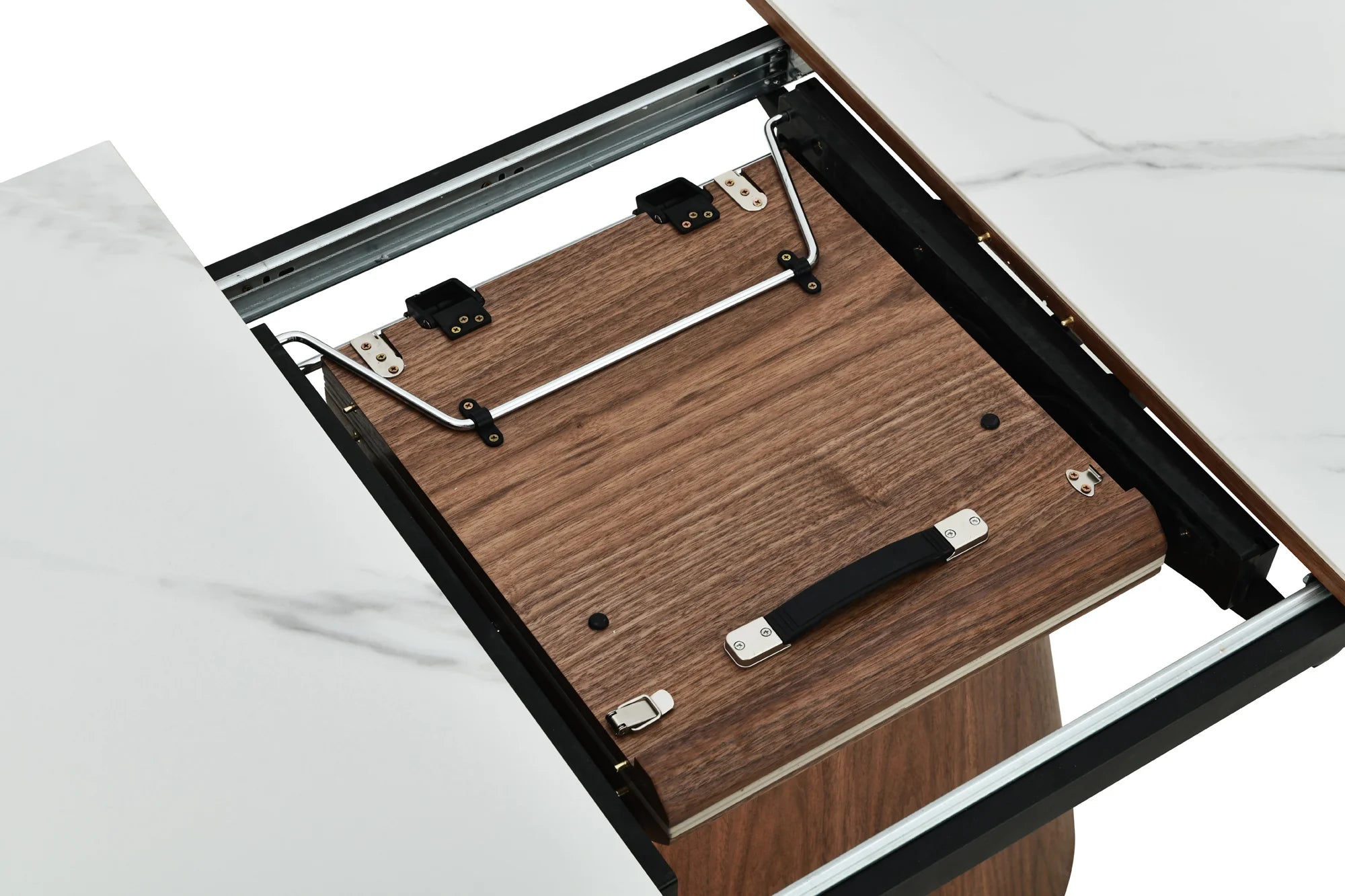 Stół jadalny UNIQUE 160–200 cm rozkładany, ceramiczny blat. Podstawa z forniru orzechowego. 