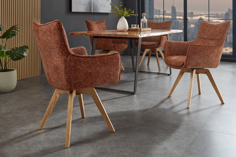 Krzesło obrotowe tapicerowane w tkaninie strukturalnej na dębowych nogach, stabilne, do jadalni i salonu