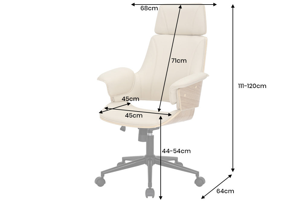 Beżowy fotel biurowy z drewnianym korpusem i metalową podstawą na kółkach.