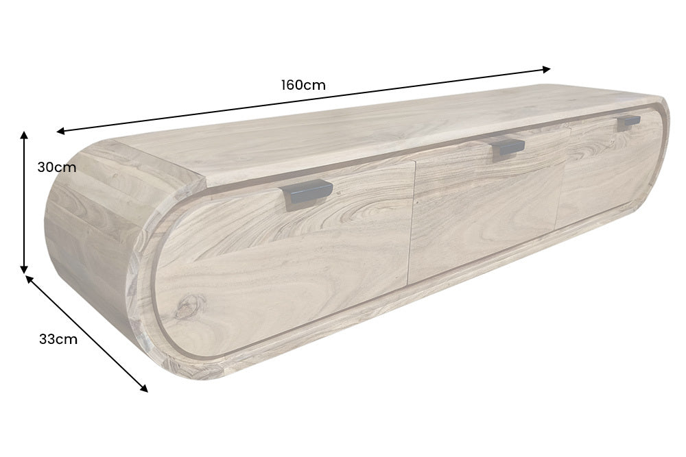 Wisząca szafka RTV z lakierowanego drewna akacjowego w kolorze naturalnym, z czarnymi metalowymi uchwytami
