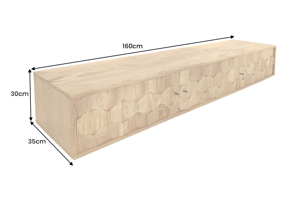 Wisząca szafka RTV z drewna akacjowego, front 3D, czarne uchwyty