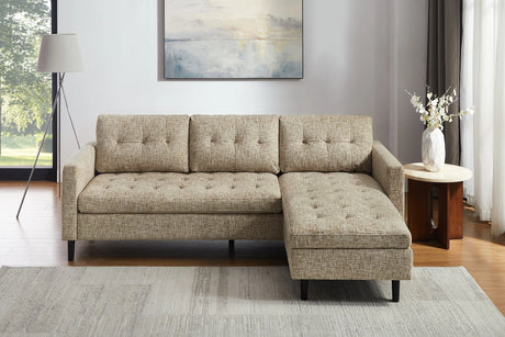 Nowoczesna sofa narożna w tkaninie cord, z otomaną lewą/prawą, tył tapicerowany, filcowe podkładki pod nogi