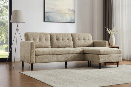 Nowoczesna sofa narożna w tkaninie cord, z otomaną lewą/prawą, tył tapicerowany, filcowe podkładki pod nogi