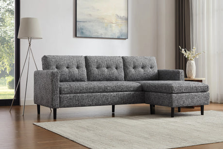 Sofa narożna w szarej dzianinie z szezlongiem lewo/prawo, nogi z drewna gumowego, tapicerowany tył, nowoczesny styl