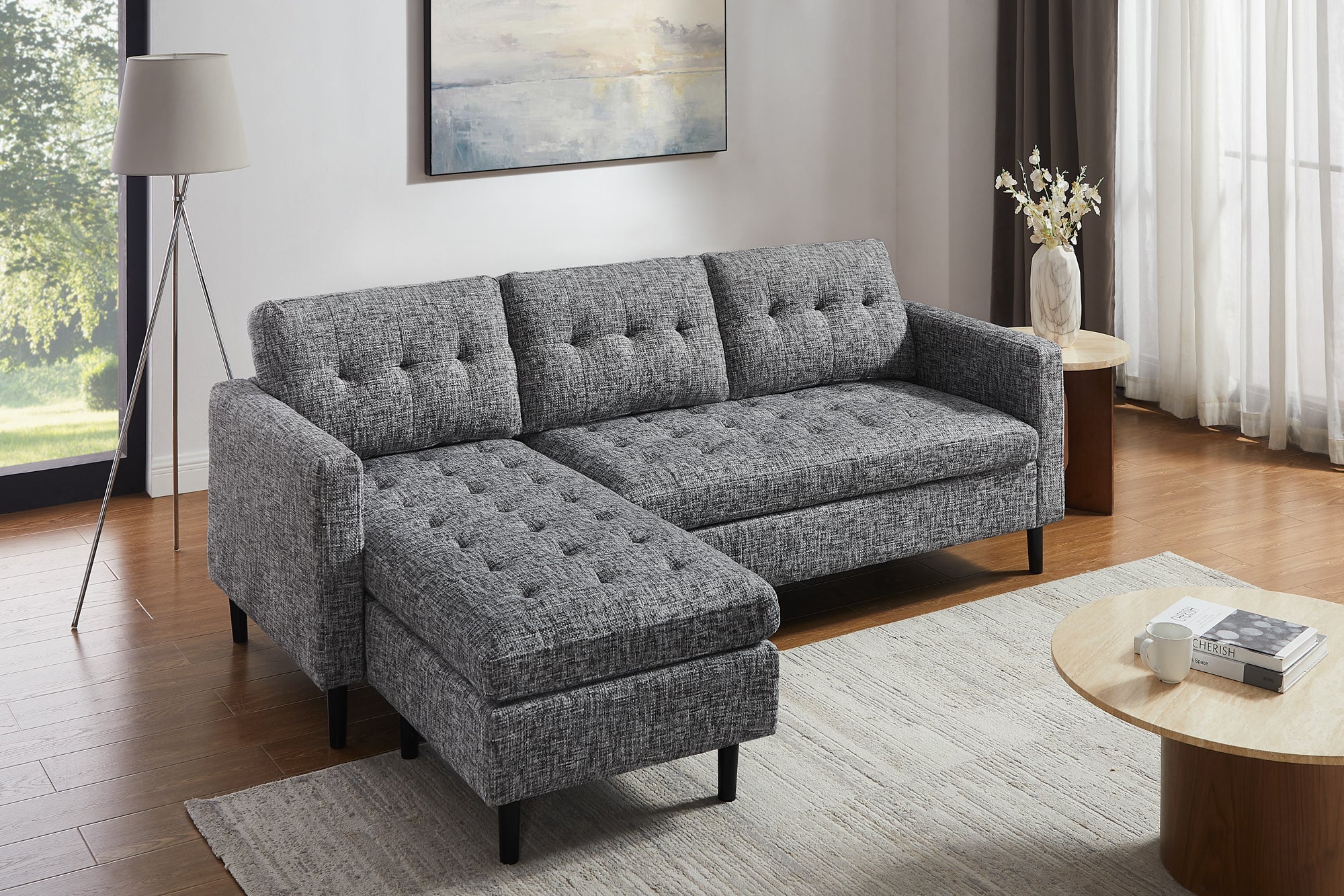 Sofa narożna w szarej dzianinie z szezlongiem lewo/prawo, nogi z drewna gumowego, tapicerowany tył, nowoczesny styl