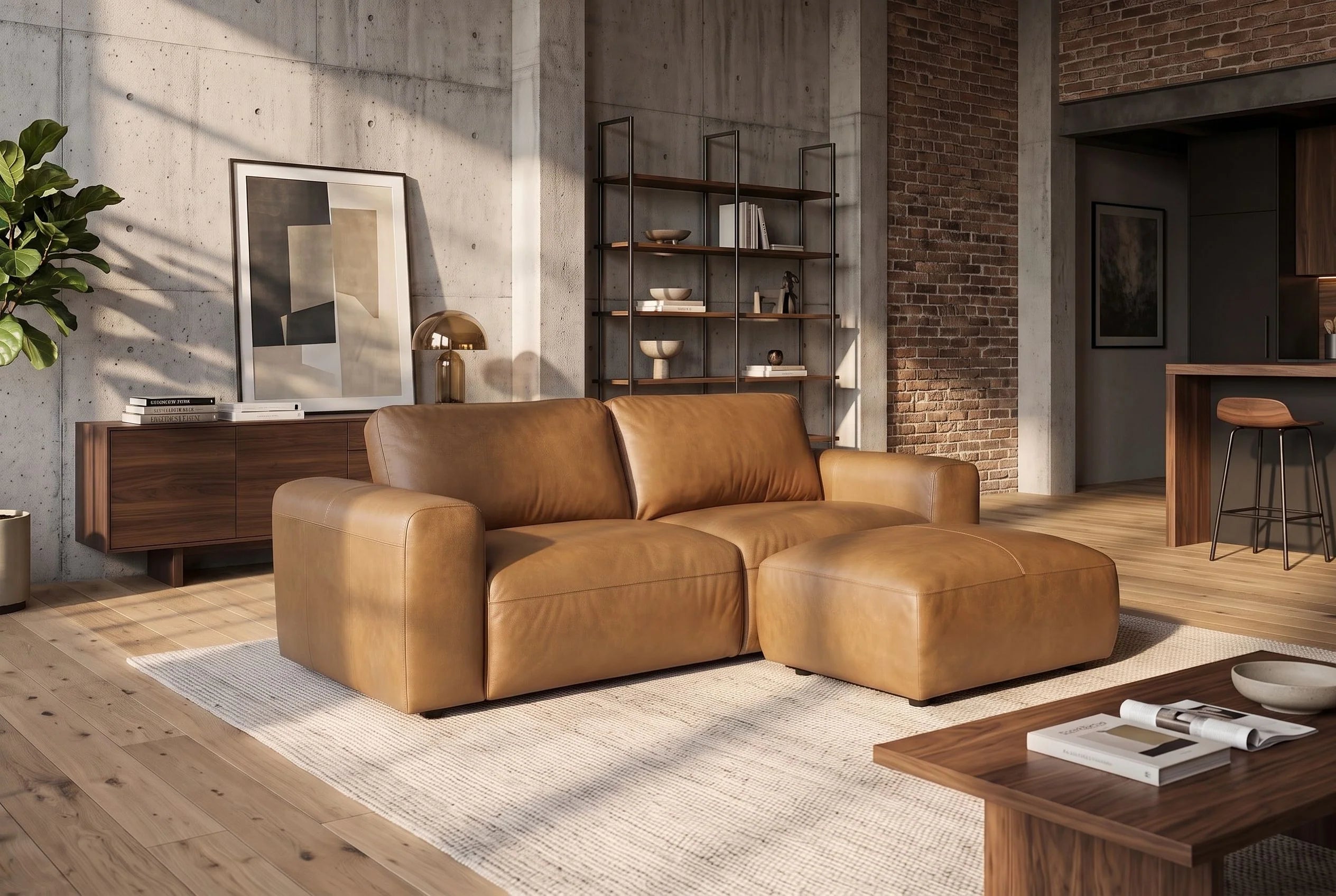 Sofa skórzana cognac 207 cm z naturalnej skóry do nowoczesnego salonu.