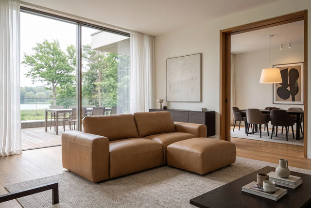 Sofa skórzana cognac 207 cm z naturalnej skóry do nowoczesnego salonu.