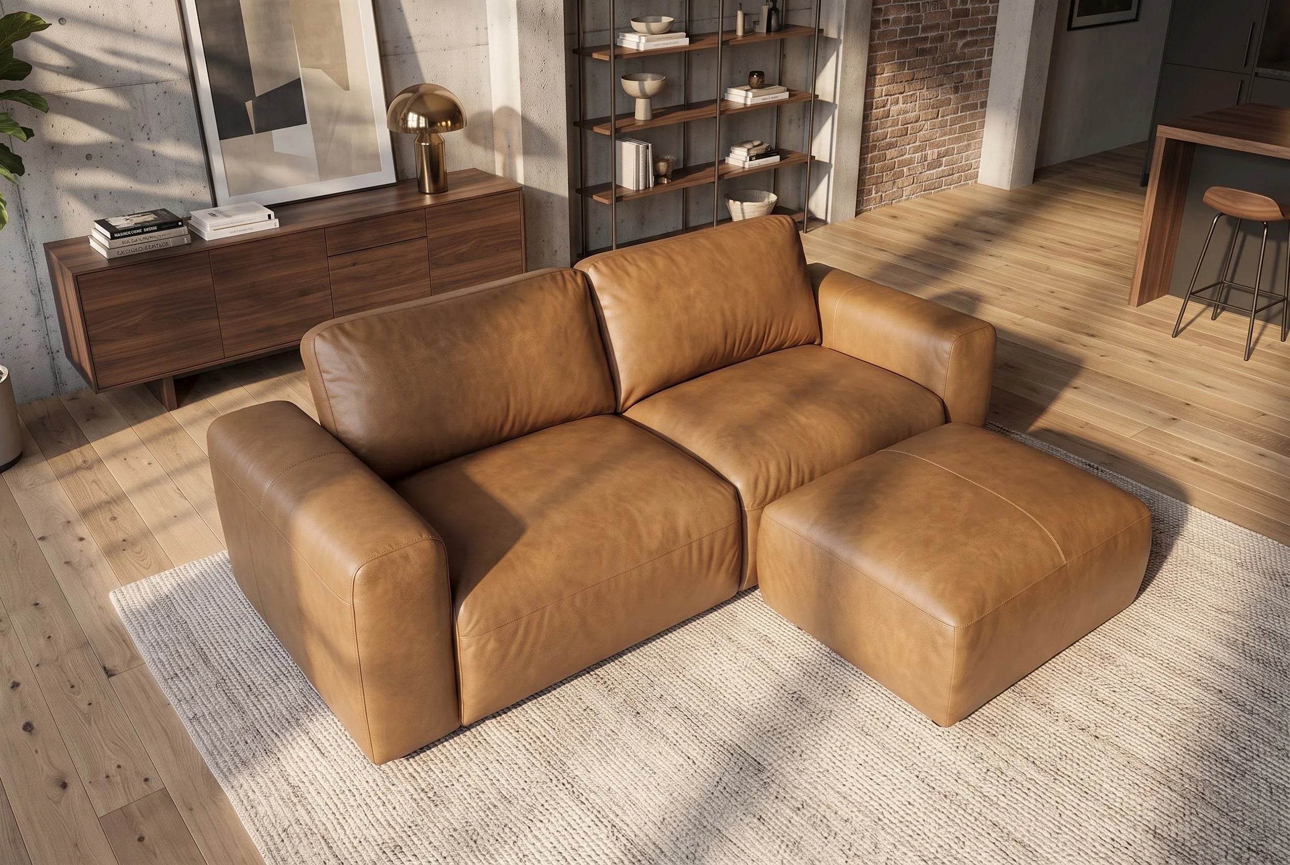 Sofa skórzana cognac 207 cm z naturalnej skóry do nowoczesnego salonu.