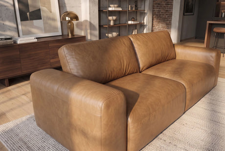Sofa skórzana cognac 207 cm z naturalnej skóry do nowoczesnego salonu.