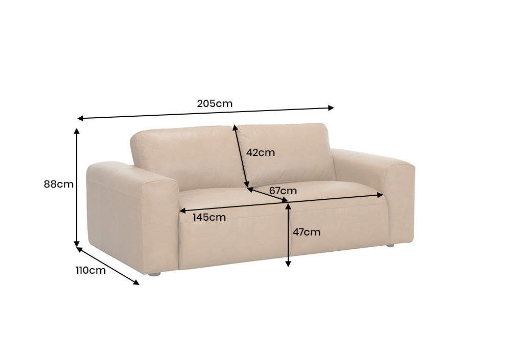 Sofa skórzana cognac 207 cm z naturalnej skóry do nowoczesnego salonu.
