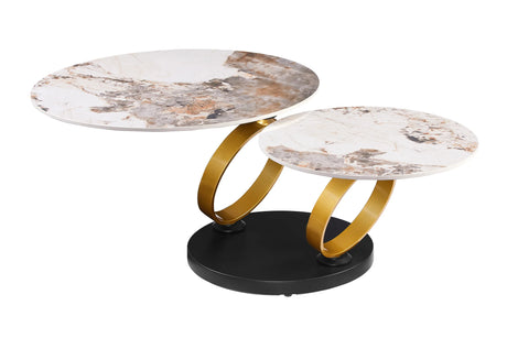 Nowoczesny stolik kawowy z dwoma ceramicznymi obracanymi blatami i metalową podstawą w eleganckim stylu.