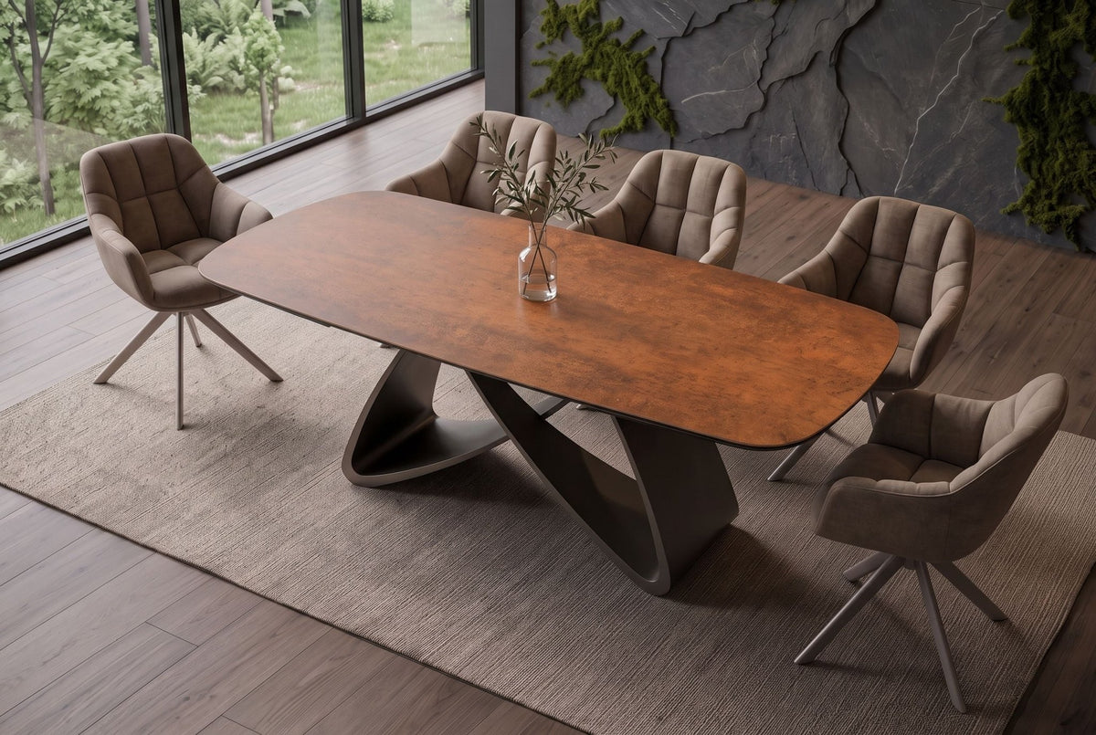 Nowoczesny stół rozkładany optyka rdzy z  blatem ceramicznym i designerską metalową podstawą