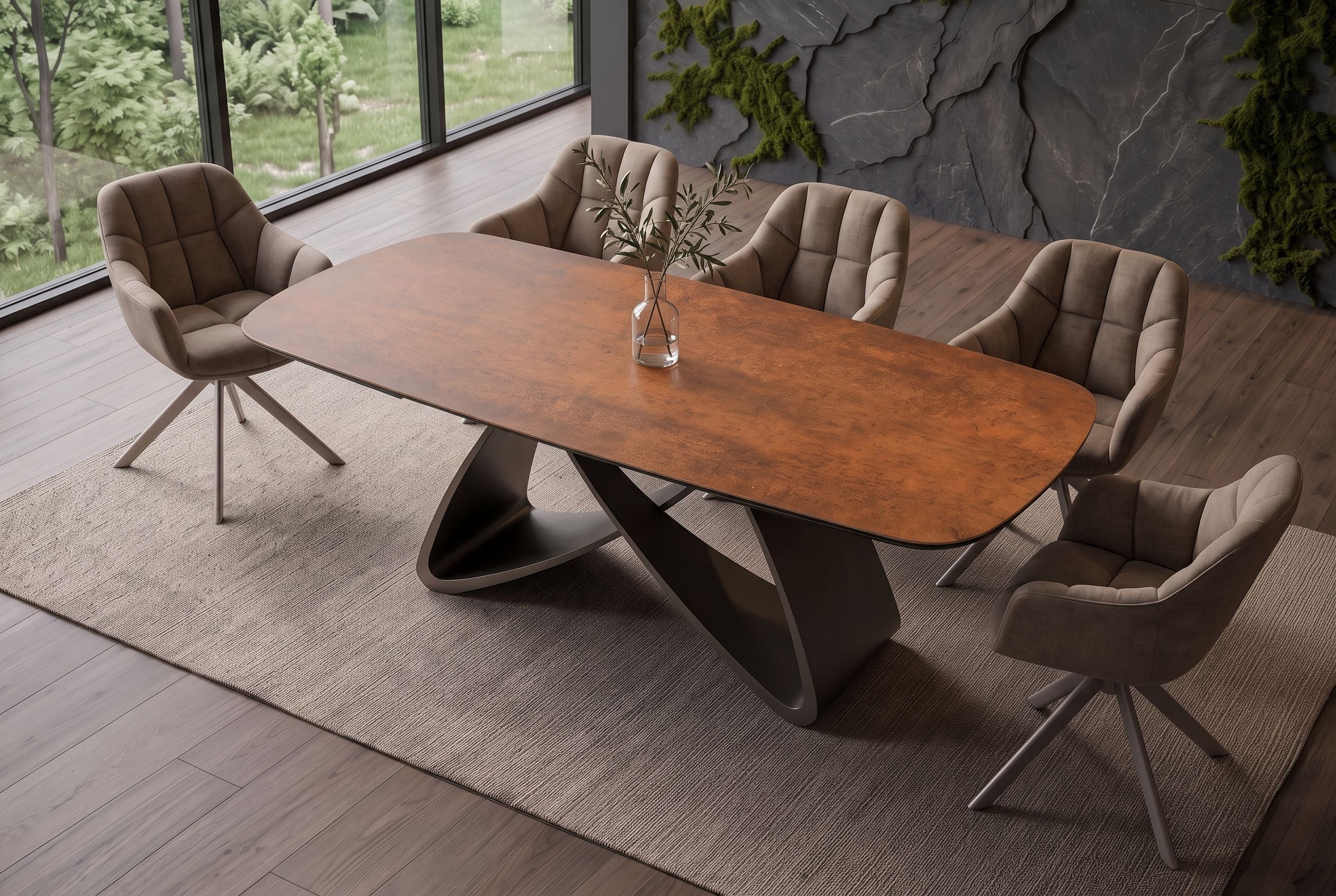 Nowoczesny stół rozkładany optyka rdzy z  blatem ceramicznym i designerską metalową podstawą