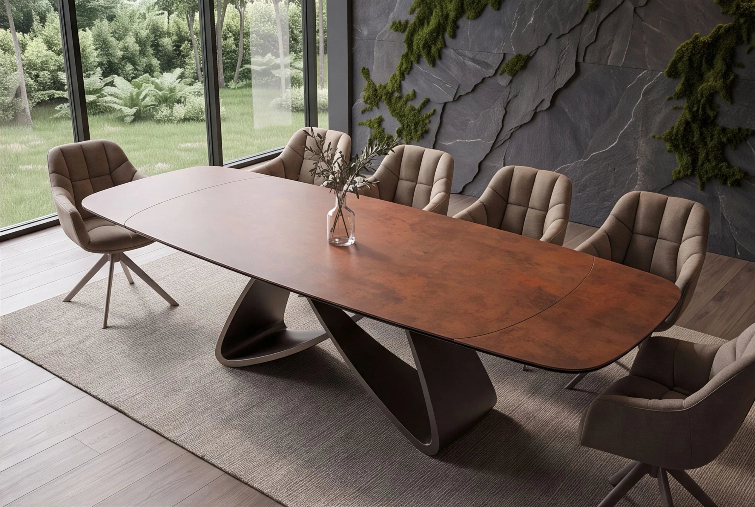 Nowoczesny stół rozkładany optyka rdzy z  blatem ceramicznym i designerską metalową podstawą